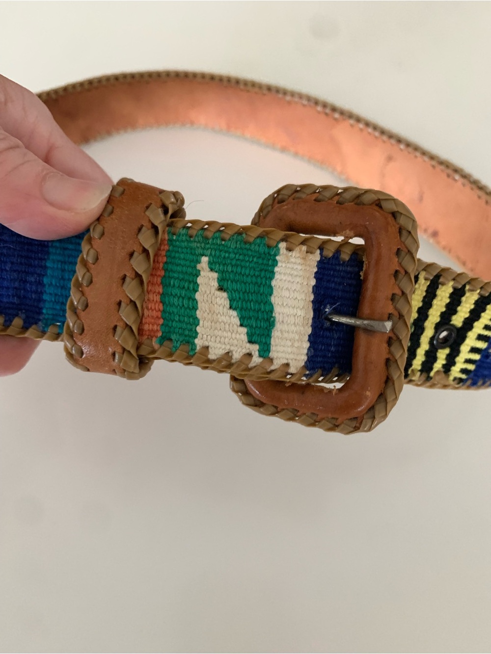 Vintage Guatemalan Handwoven Multicolor Leather-Trim Women’s Belt